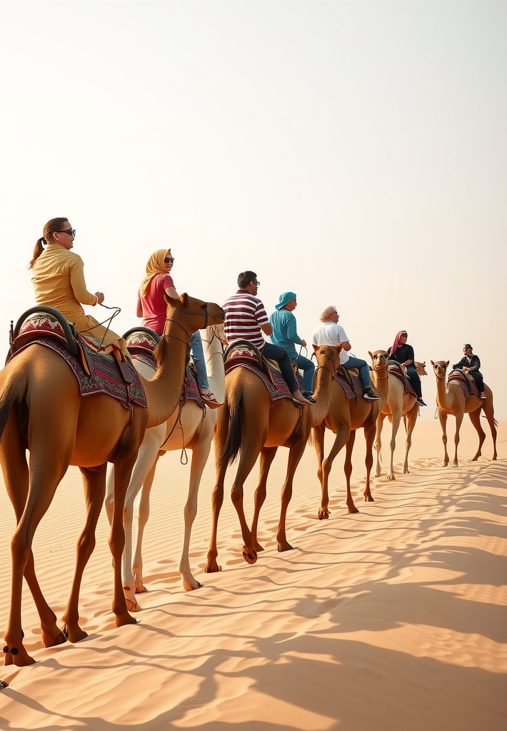 Tourists enjoying camel rides in Dubai desert, line of camels walking across golden sand dunes with traditional saddles and decorations