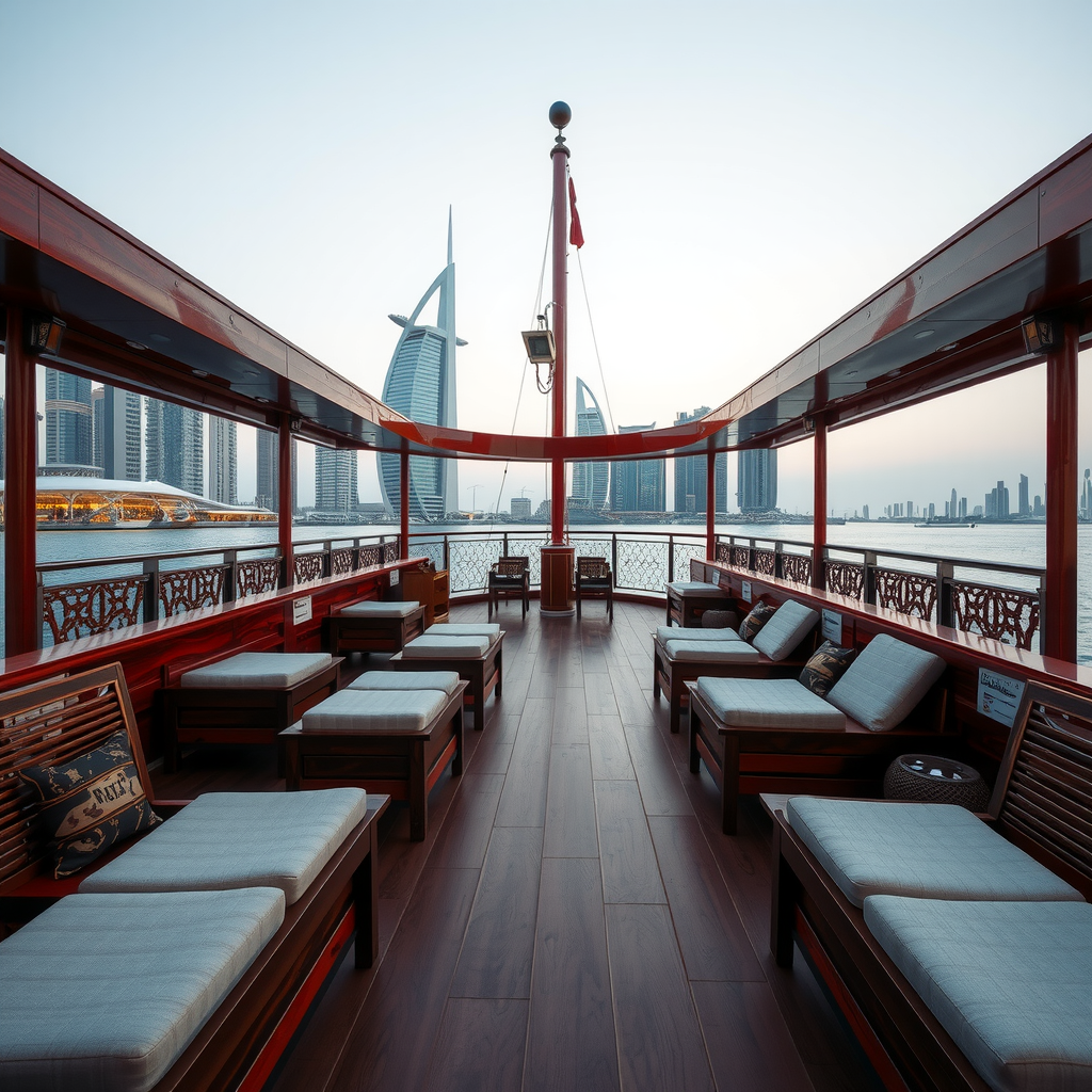 Open air upper deck of dhow cruise with wooden benches and cushioned seating areas offering unobstructed views of Dubai Marina and fresh evening breeze