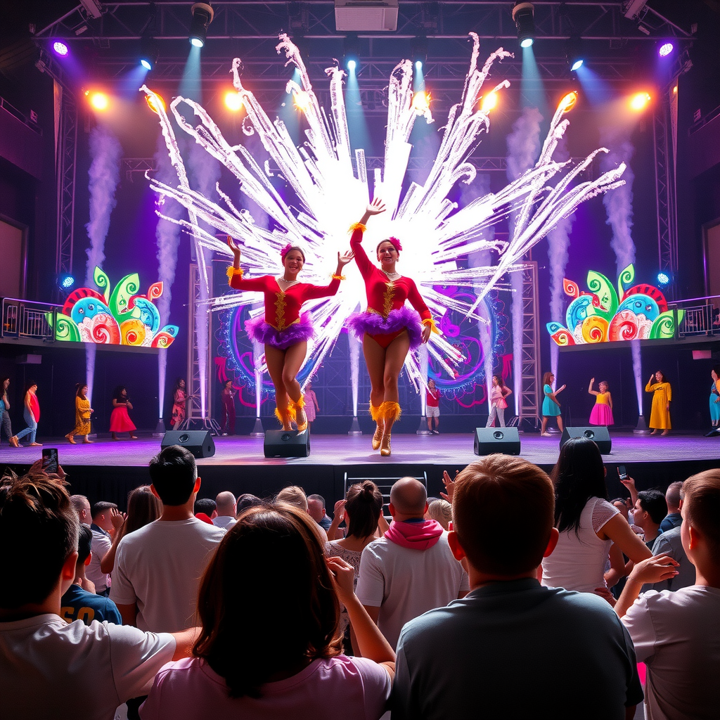 Live entertainment show at theme park featuring colorful costumes, dancers performing on stage, and audience of families watching spectacular performance with special effects
