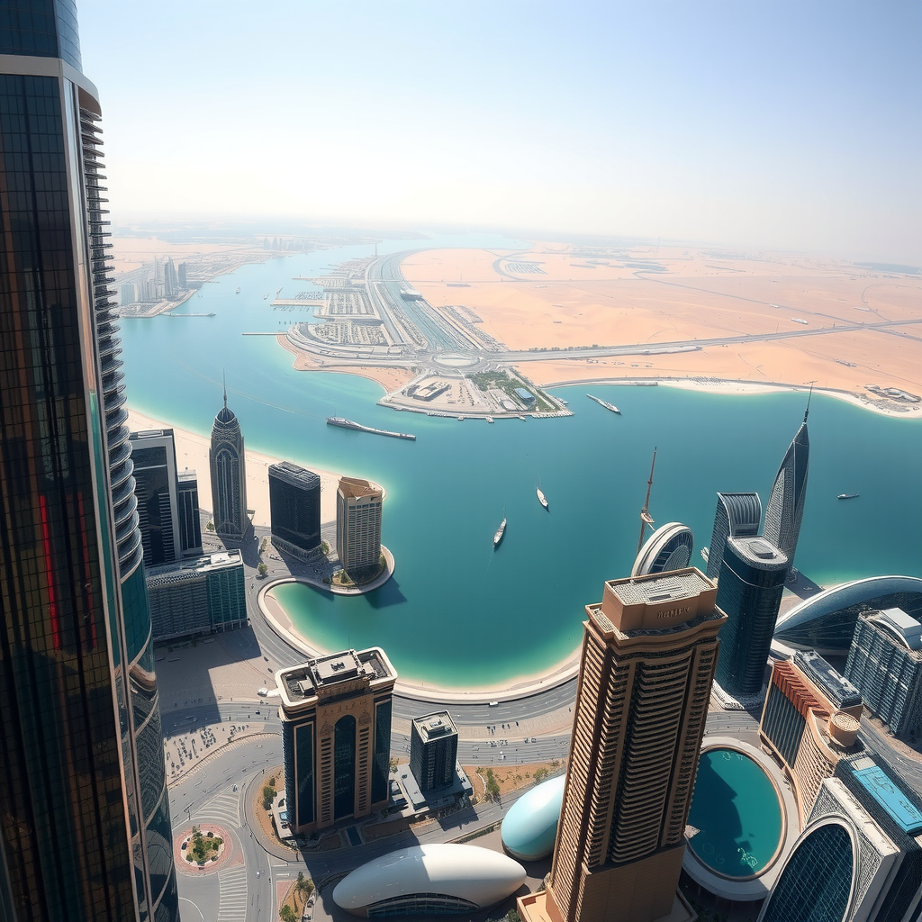 Wide panoramic view from Burj Khalifa showing the contrast between Dubai's modern urban development with skyscrapers in the foreground, the turquoise waters of the Arabian Gulf and coastline in the middle distance, and the golden Arabian Desert stretching to the horizon