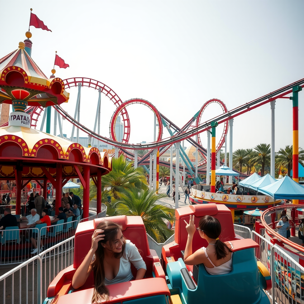 Exciting theme park scene with thrilling roller coasters, colorful attractions, happy families enjoying rides, and entertainment facilities in Dubai's premier amusement park