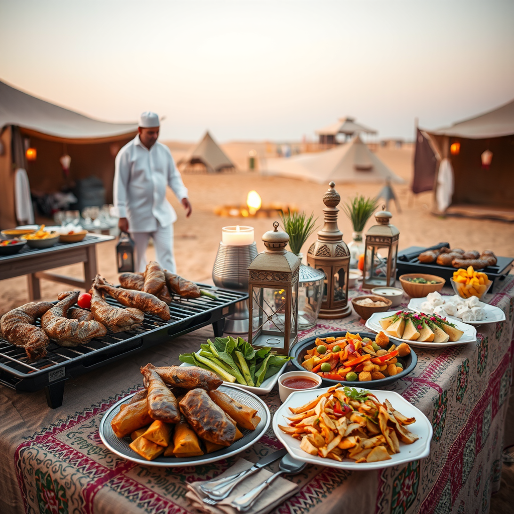 Traditional Arabian BBQ buffet dinner setup in desert camp with grilled meats, salads, and Middle Eastern dishes displayed on decorated tables with lanterns