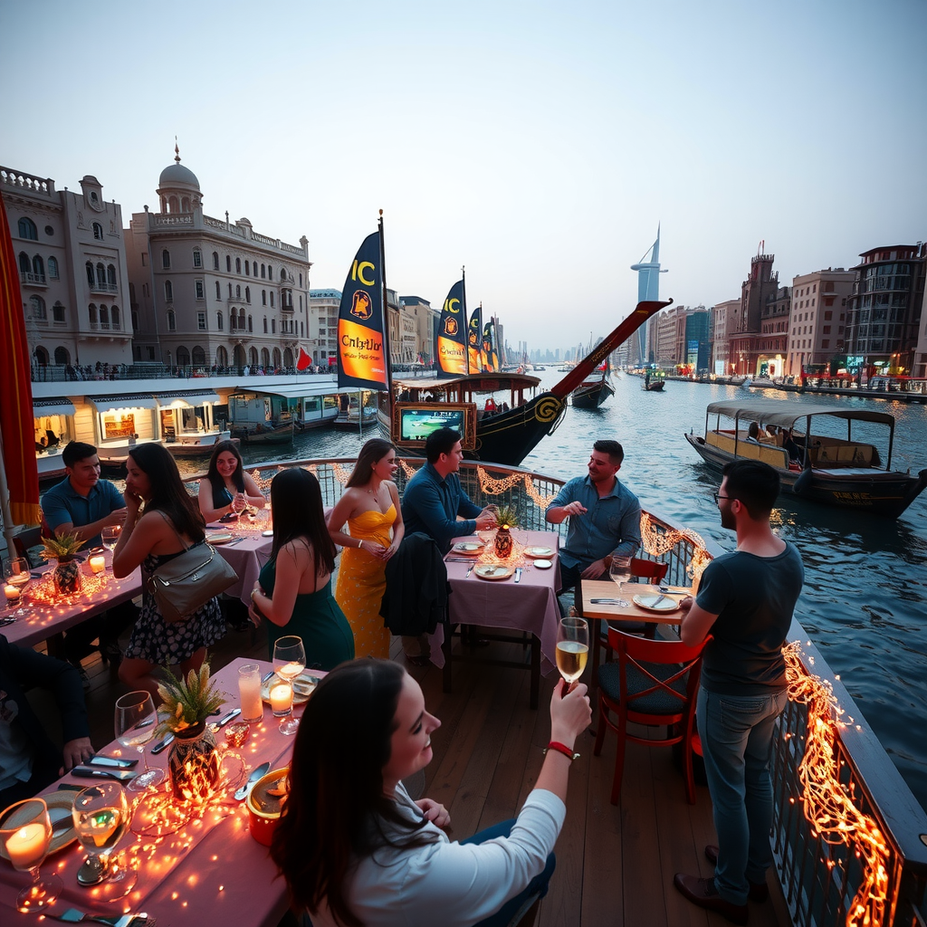 Group of people celebrating on dhow cruise deck with decorative lights, enjoying dinner and entertainment with historic Dubai Creek buildings and traditional abra boats visible in background