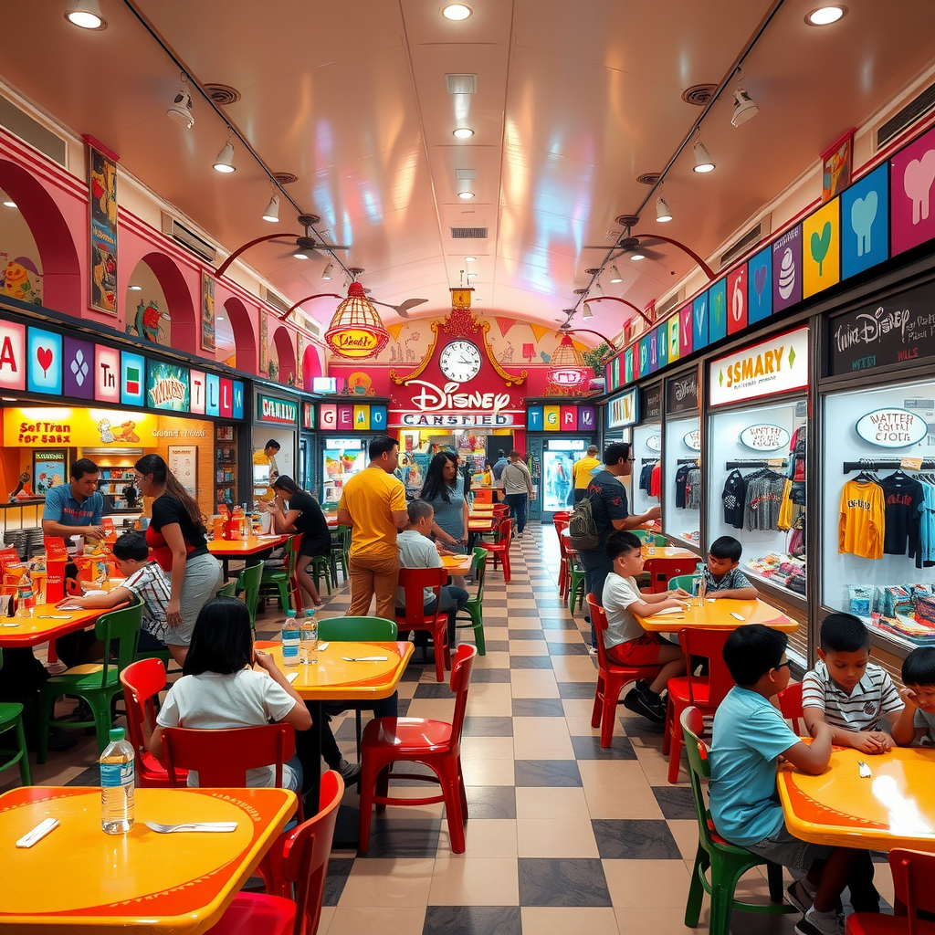 Vibrant theme park dining area with diverse food options, families eating together at colorful tables, and retail shops selling themed merchandise and souvenirs
