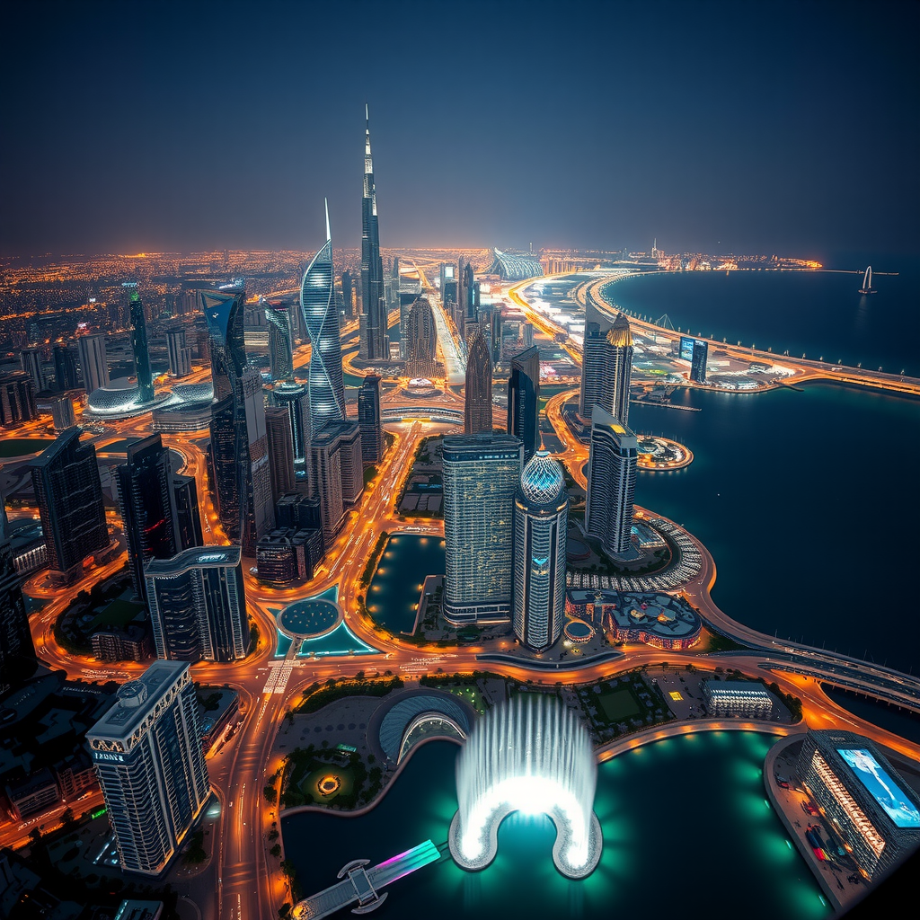 Spectacular nighttime view from Burj Khalifa observation deck showing Dubai's illuminated skyline with thousands of lights from buildings and streets creating a glowing cityscape, the lit-up coastline along the Arabian Gulf, and the Dubai Fountain performing below