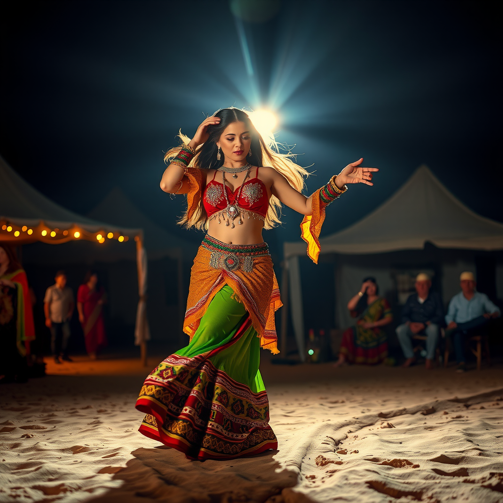 Professional belly dancer performing traditional dance in desert camp at night, colorful costume with sequins, atmospheric lighting and audience watching