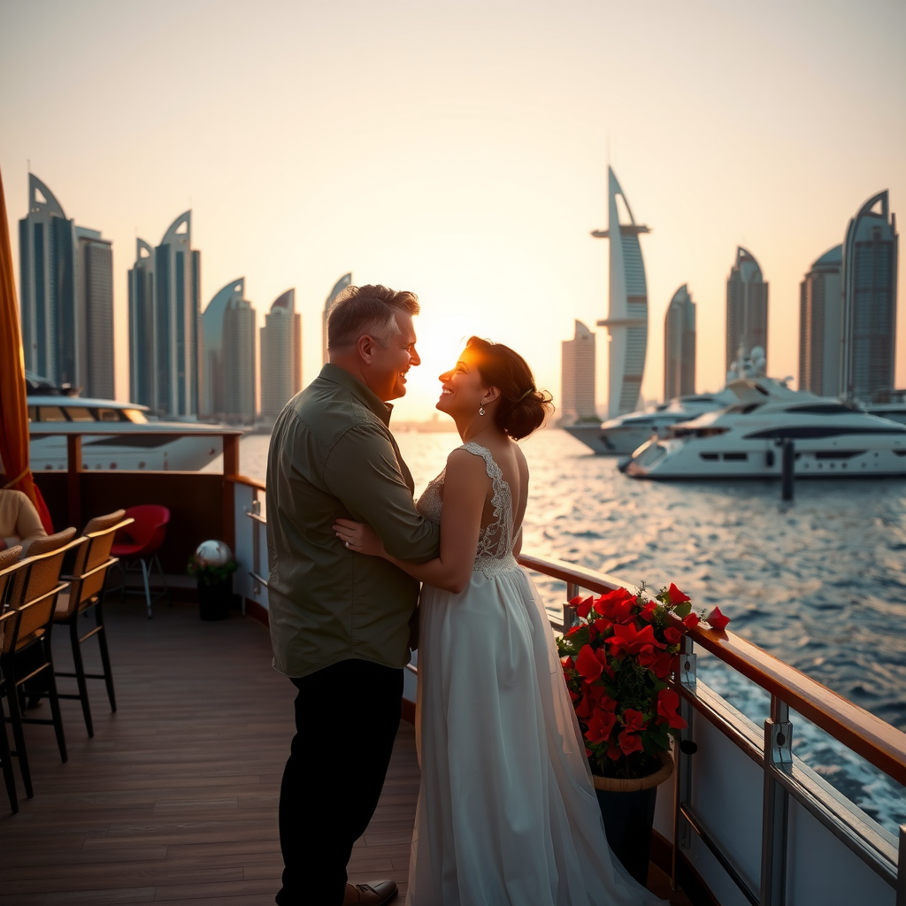 Romantic couple enjoying sunset moment on dhow cruise upper deck with Dubai Marina's golden hour skyline and luxury yachts in background creating perfect ambiance