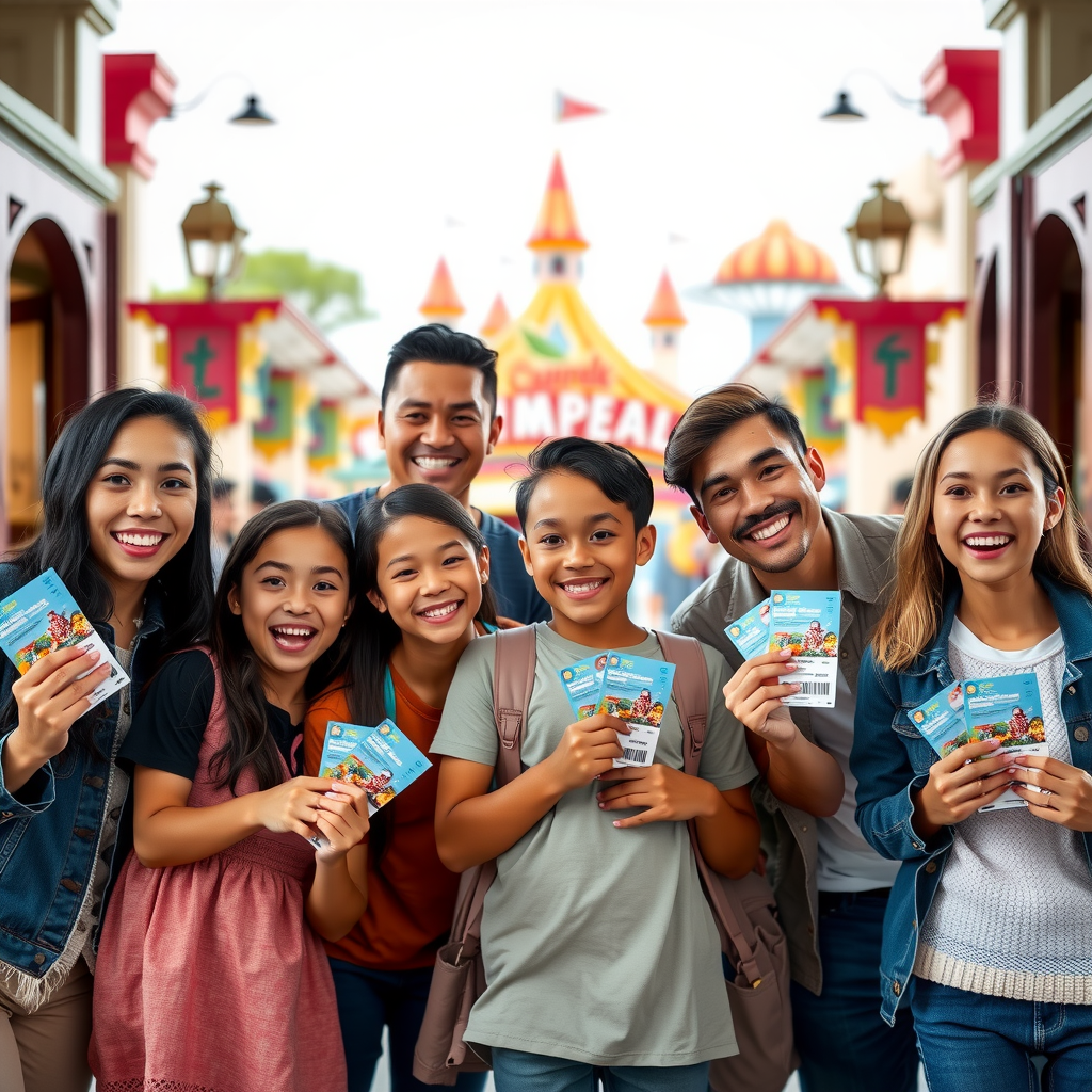 Diverse group of excited families holding theme park tickets and passes, smiling at park entrance with colorful attractions visible in background, showing anticipation and joy